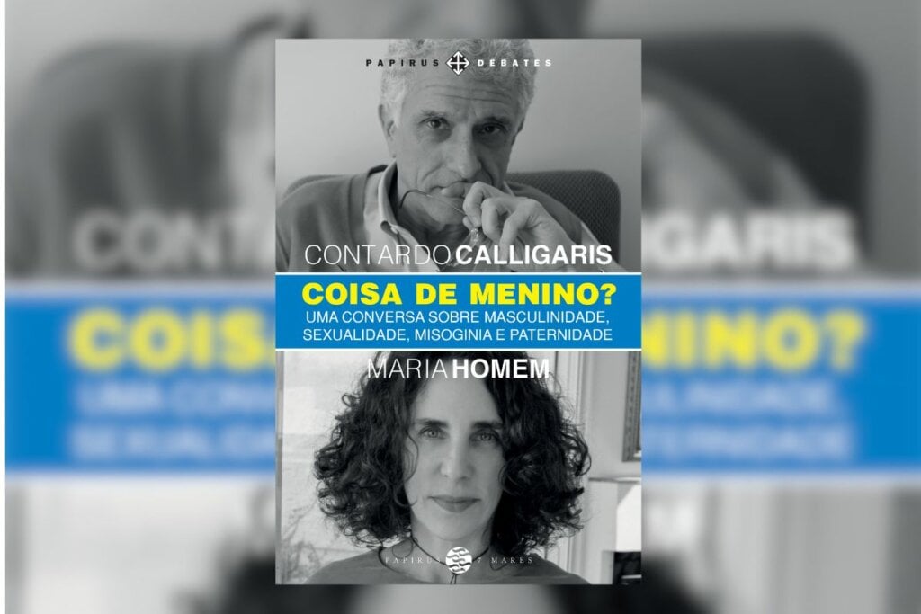 Capa de livro com imagem de um homem e uma mulher em preto e branco e uma faixa azul com o tÃtulo do livro e nos dos autores