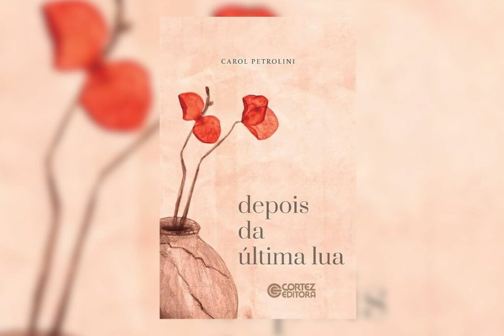 Capa de livro rosa com um vaso de planta marrom com duas flores com pétalas vermelhas escrito o nome do autor e tÃtulo do livro