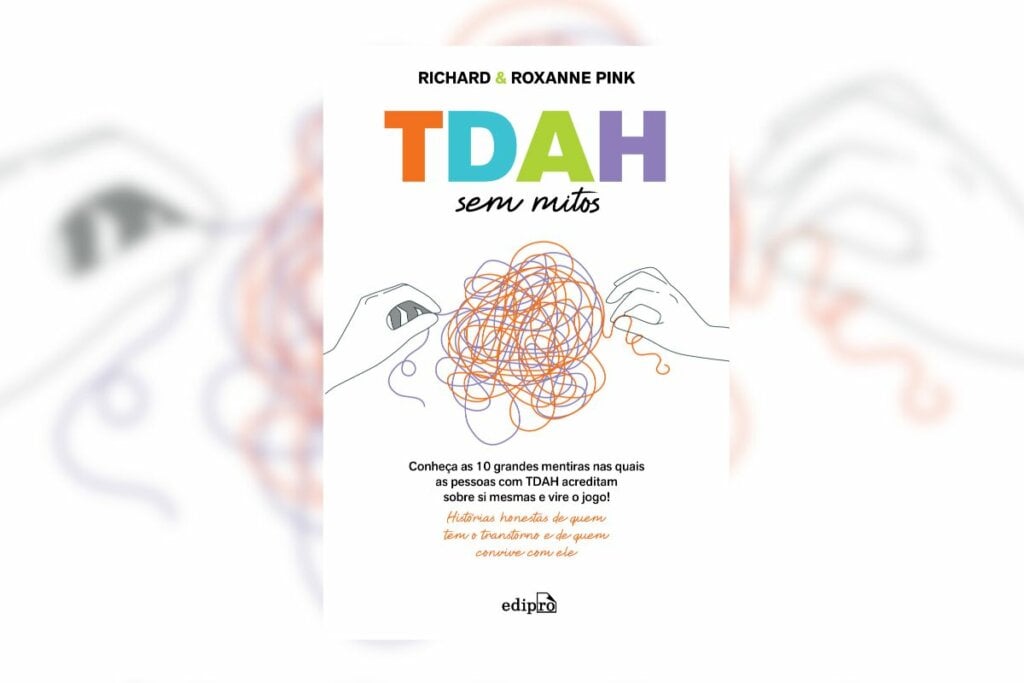 Capa de livro branca com tÃtulo do livro e nome dos autores com a ilustração de duas mãos desembaralhando linhas em um bolo de linhas