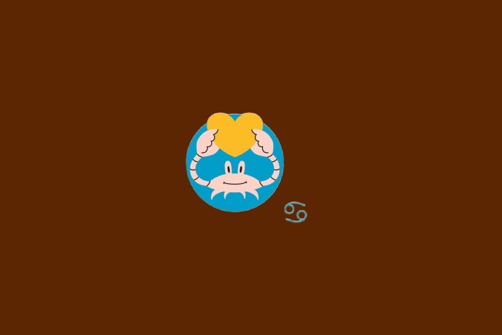 Ilustração do sÃmbolo de Câncer, representado por um caranguejo azul segurando um coração amarelo, com fundo azul
