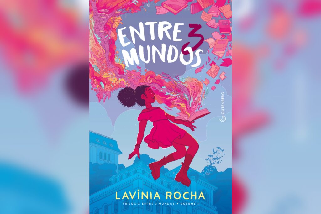 Jovem negra flutuando enquanto livros e cores se espalham ao seu redor