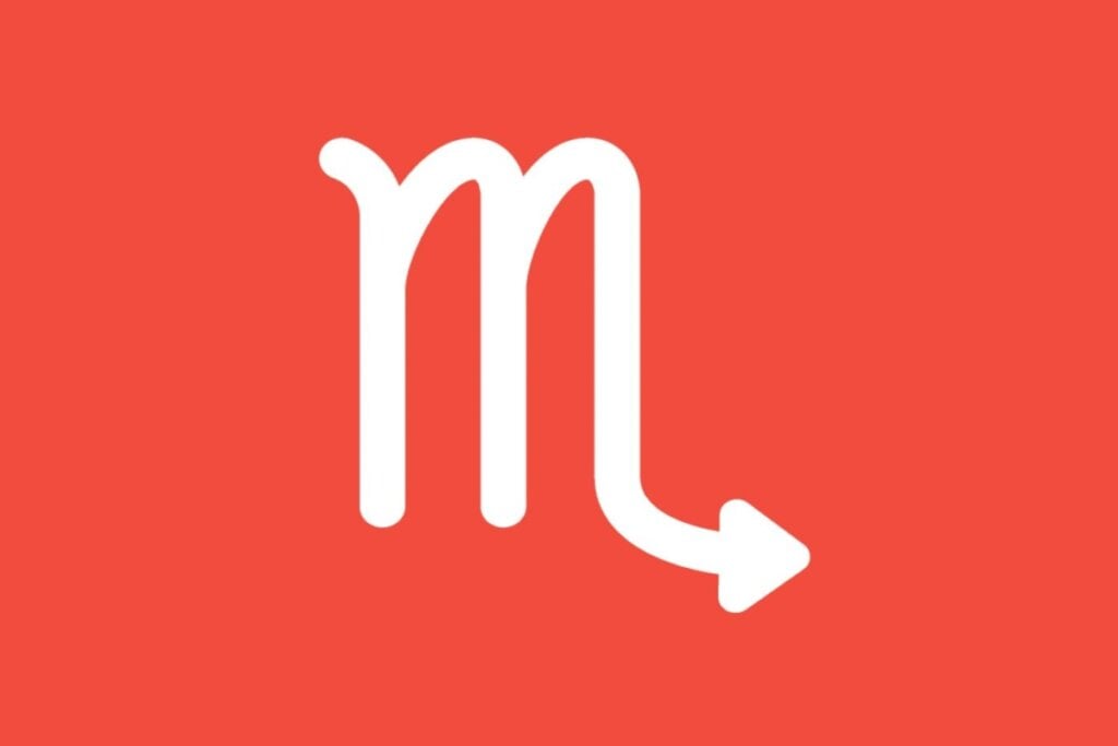 Ilustração branca do signo de escorpião em fundo de cor salmão