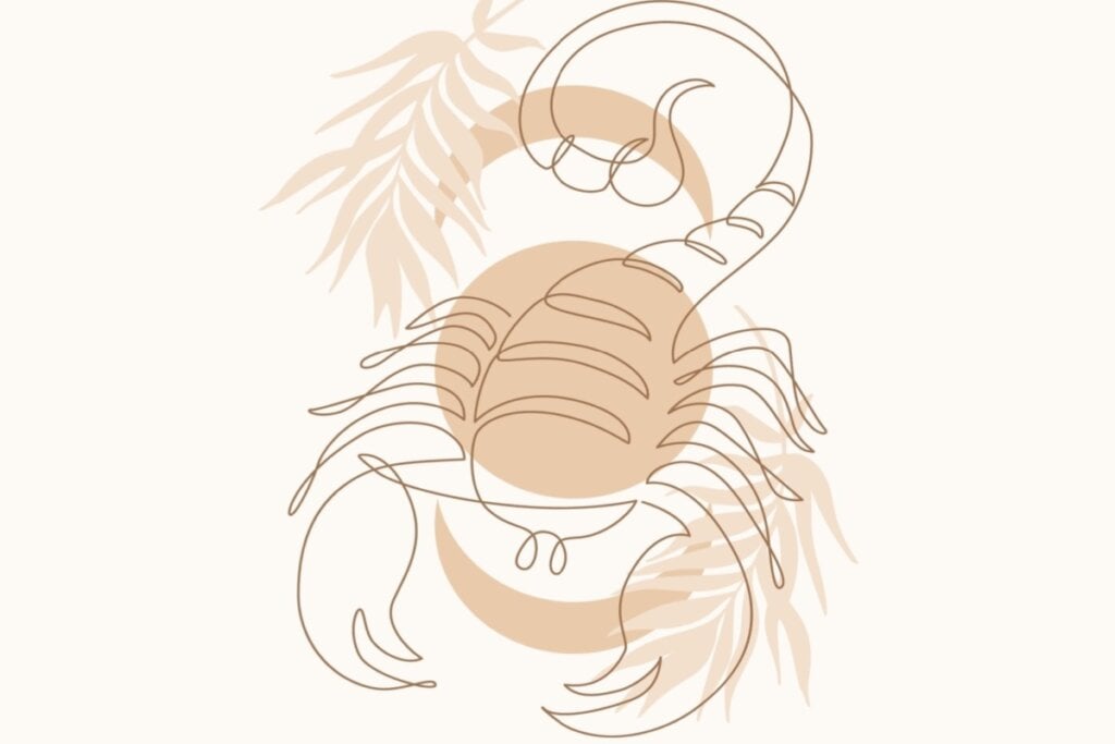 IlustraÃ§Ã£o com folhas do signo de EscorpiÃ£o em um fundo rosa