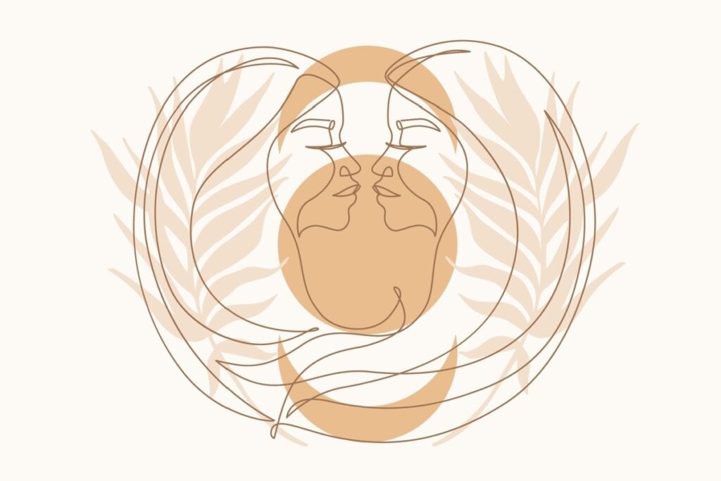IlustraÃ§Ã£o com folhas do signo de GÃªmeos em um fundo rosa