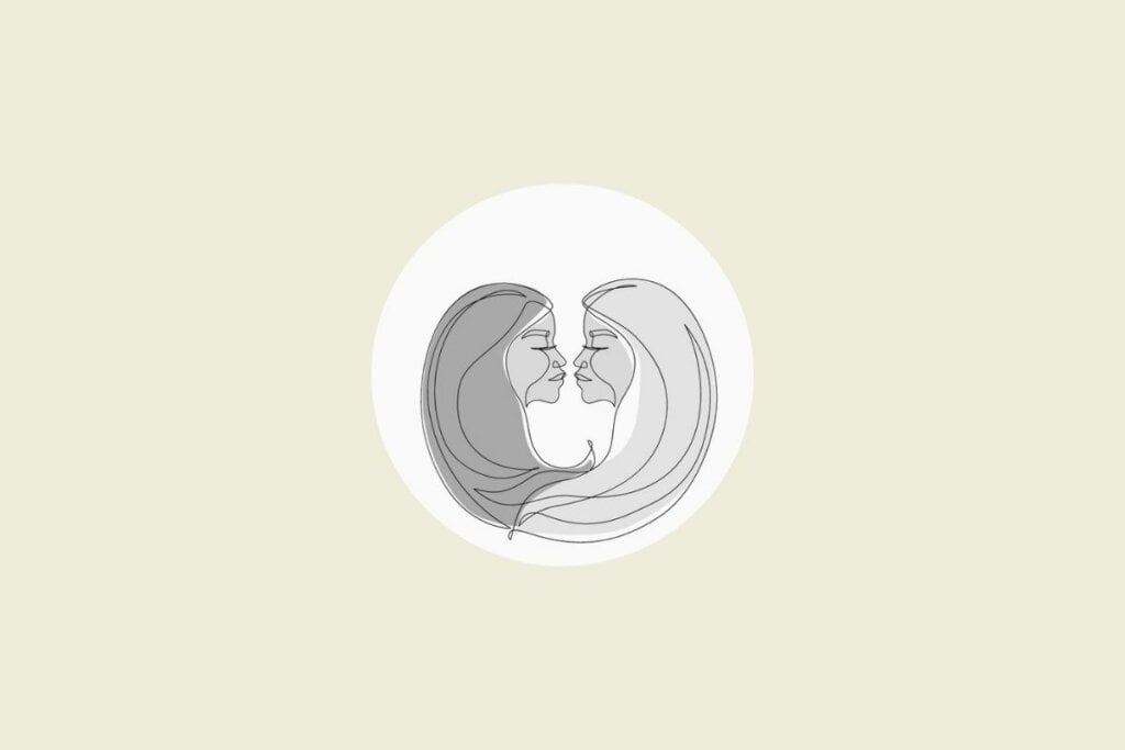 Ilustração do signo de gêmeos em preto e branco, dentro de um círculo, sobre um fundo bege-claro