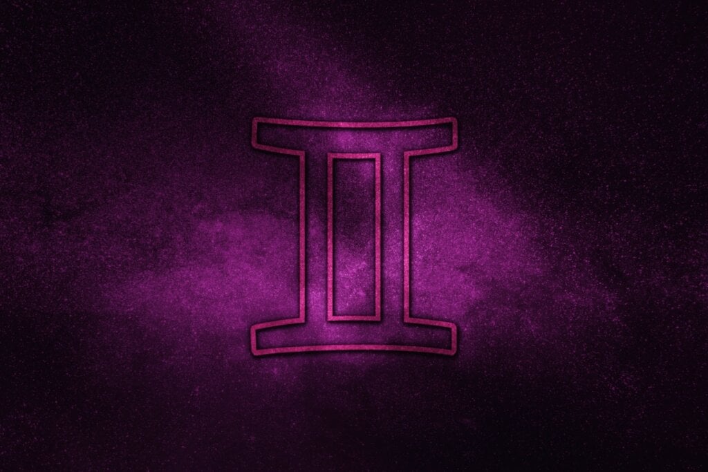 Ilustração roxa do sÃmbolo de gêmeos com fundo roxo brilhante