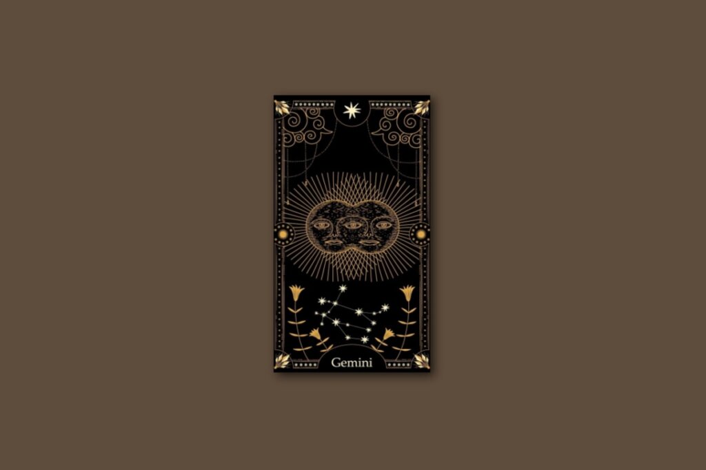 Ilustração de uma carta preta, com o desenho do signo e da constelação de gêmeos, com borda dourada e estrelas