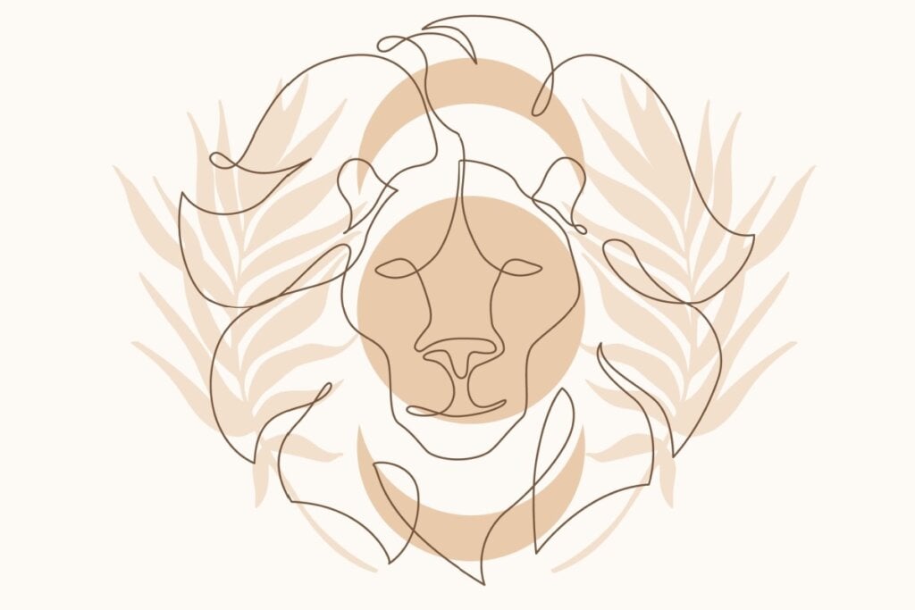 IlustraÃ§Ã£o com folhas do signo de LeÃ£o em um fundo rosa