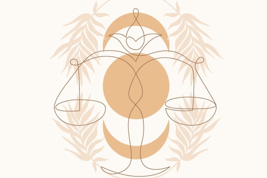 IlustraÃ§Ã£o com folhas do signo de Libra em um fundo rosa