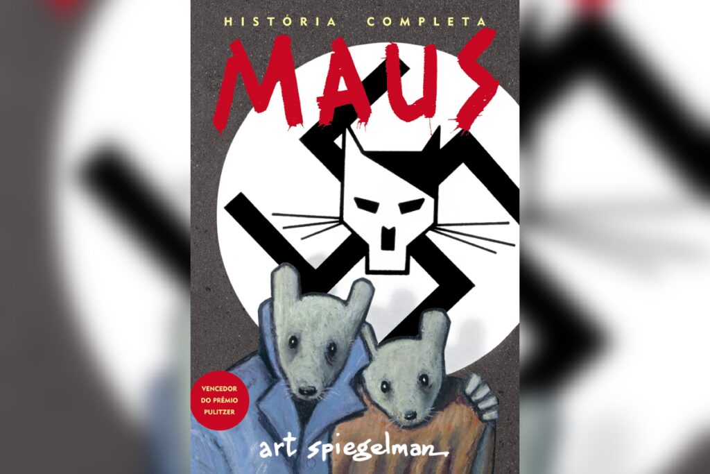 Dois ratos humanizados diante de s&iacute;mbolo nazista estilizado com cabe&ccedil;a de gato