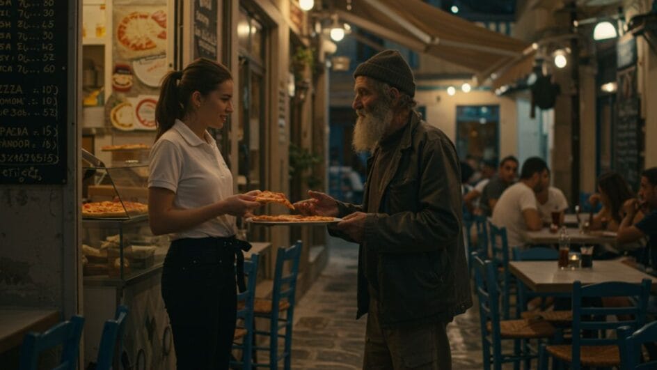 Morador de rua pede sobras e ganha pizza inteira em ato de empatia (Imagem gerada por IA)