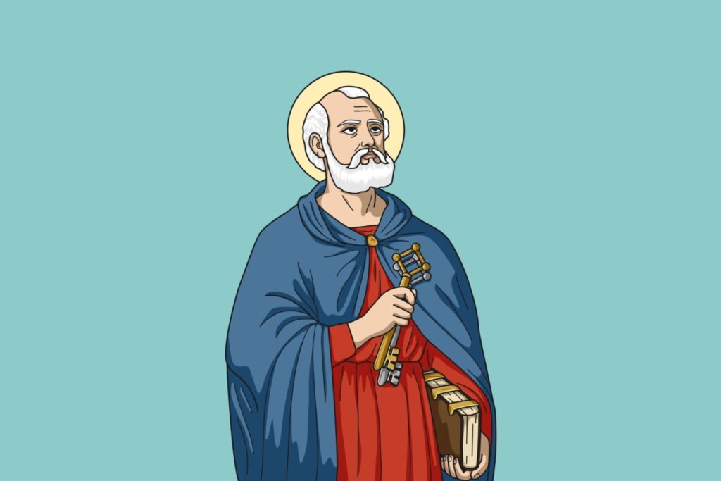 Ilustra&Atilde;&sect;&Atilde;&pound;o de S&Atilde;&pound;o Pedro com barba e cabelo branco, usando um manto vermelho e azul, em p&Atilde;&copy; em um fundo verde-claro