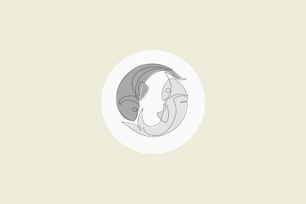 Ilustração do signo de peixes em preto e branco, dentro de um círculo, sobre um fundo bege-claro