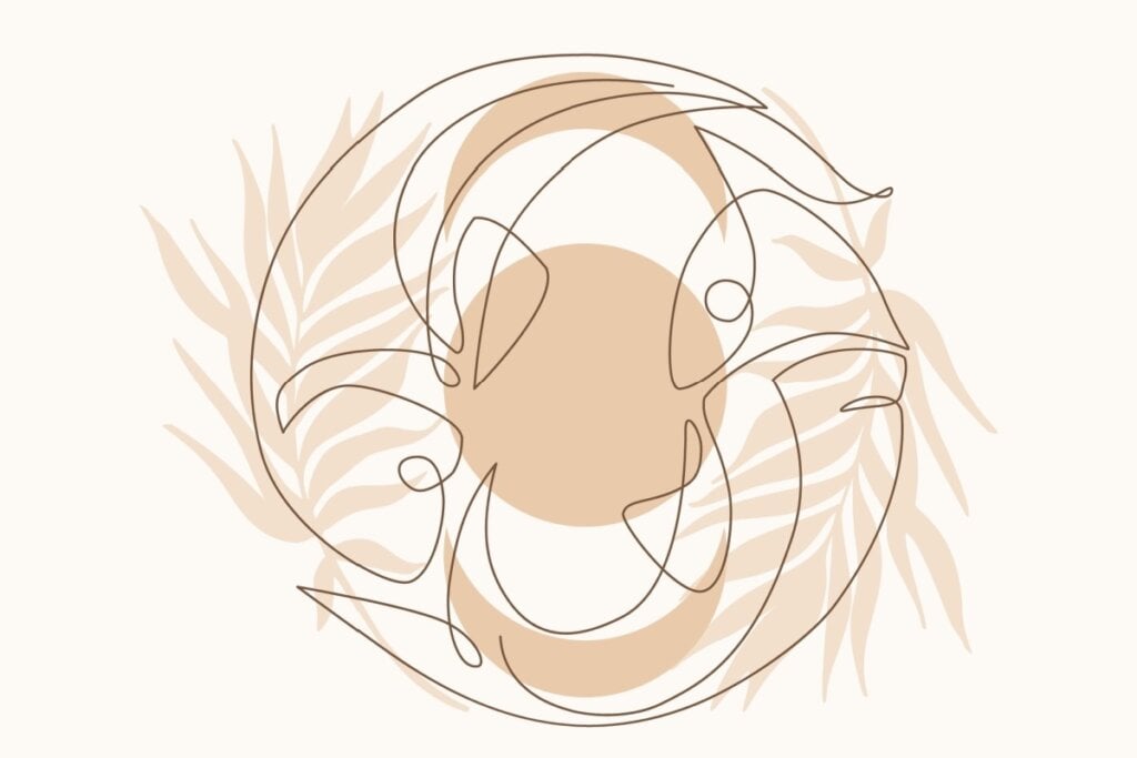 IlustraÃ§Ã£o com folhas do signo de Peixes em um fundo rosa