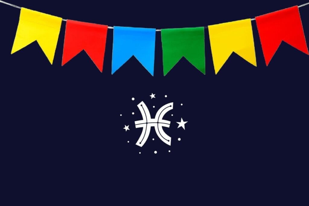 Ilustração do signo de Peixes com dois arcos curvados ligados ao centro, em branco sobre fundo azul-escuro, com bandeirinhas amarelas, vermelhas, azul e verde