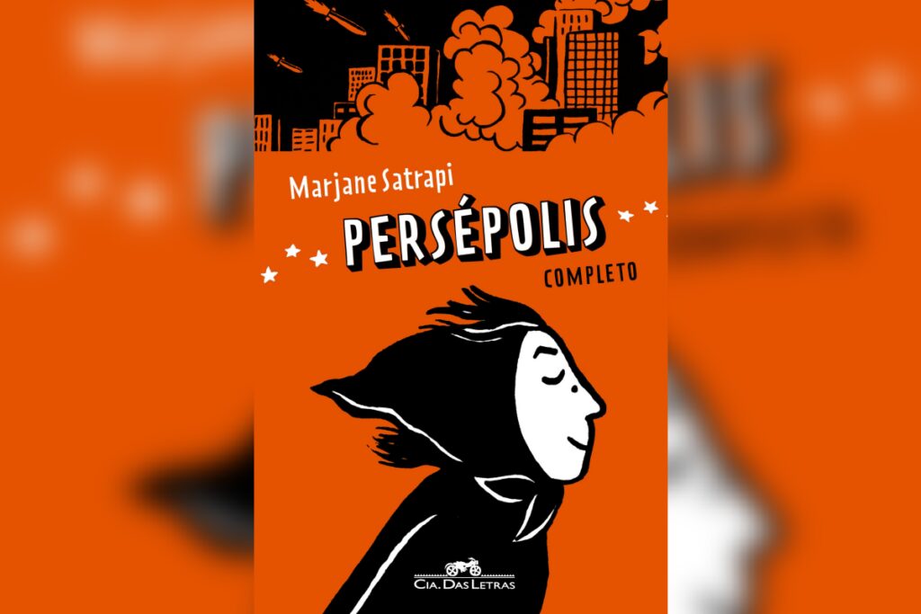 Capa do livro "Pers&eacute;polis" com garota com v&eacute;u caminhando diante de cen&aacute;rio em guerra