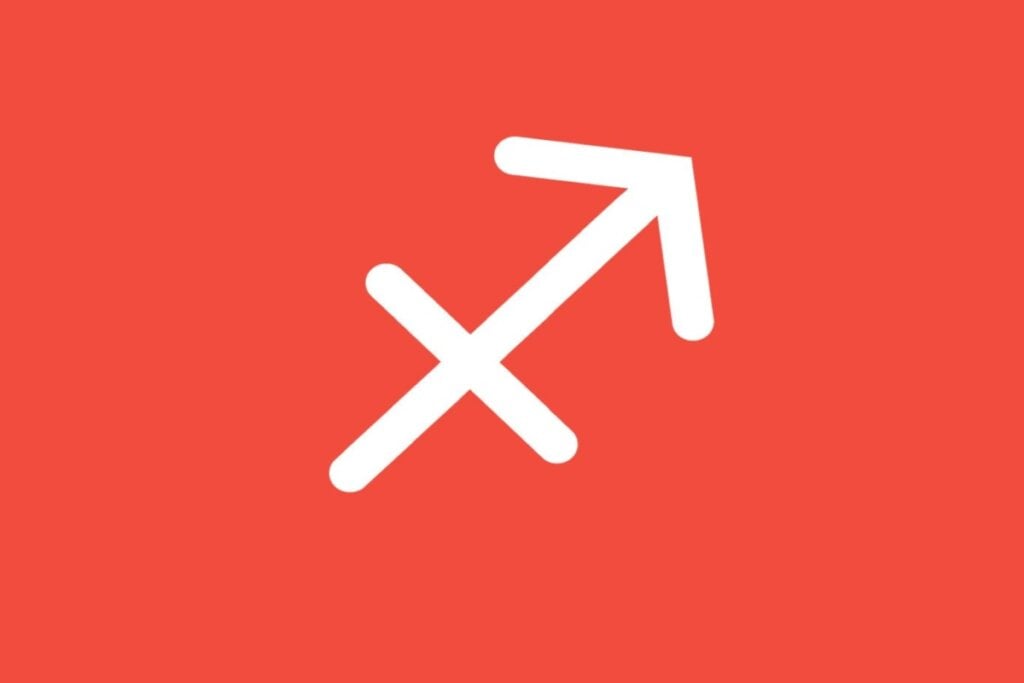 Ilustração branca do signo de sagitário em fundo de cor salmão