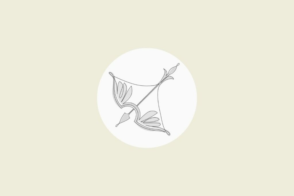 Ilustração do signo de sagitário em preto e branco, dentro de um círculo, sobre um fundo bege-claro