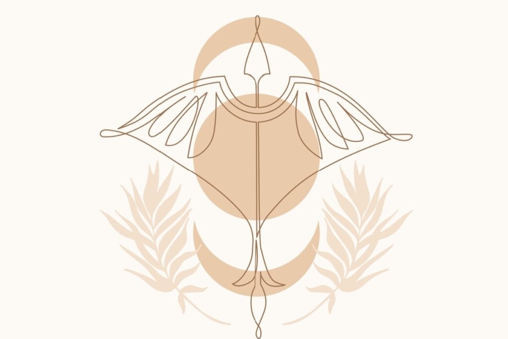 IlustraÃ§Ã£o com folhas do signo de SagitÃ¡rio em um fundo rosa