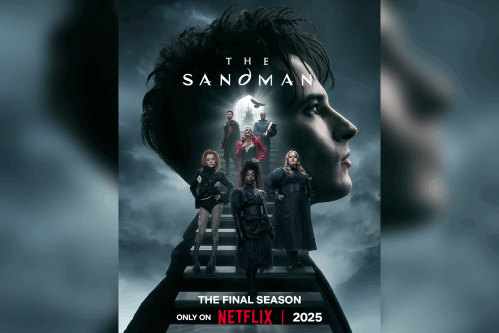 Pôster da série The Sandman mostrando o protagonista e seus irmãos Eternos em clima misterioso