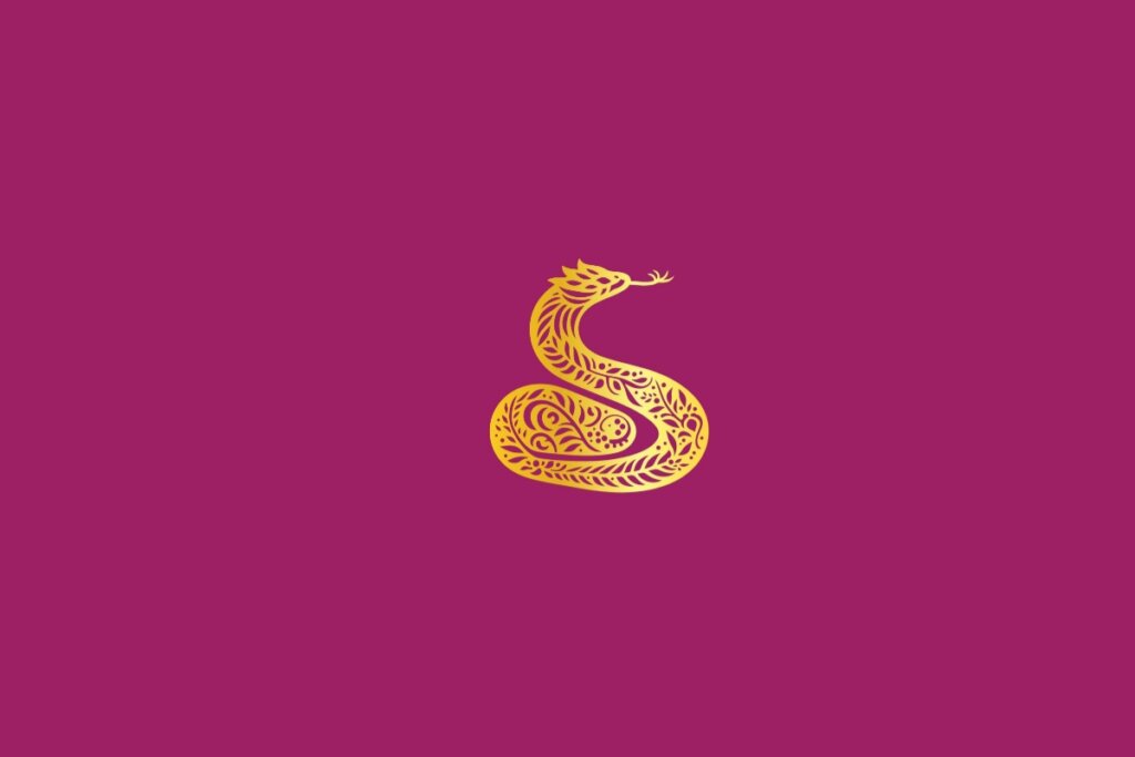 Ilustração de uma serpente dourado em um fundo rosa-escuro