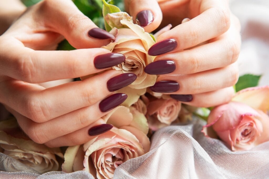 duas mÃ£os femininas com unhas alongadas e em tom de vinho segurando rosas