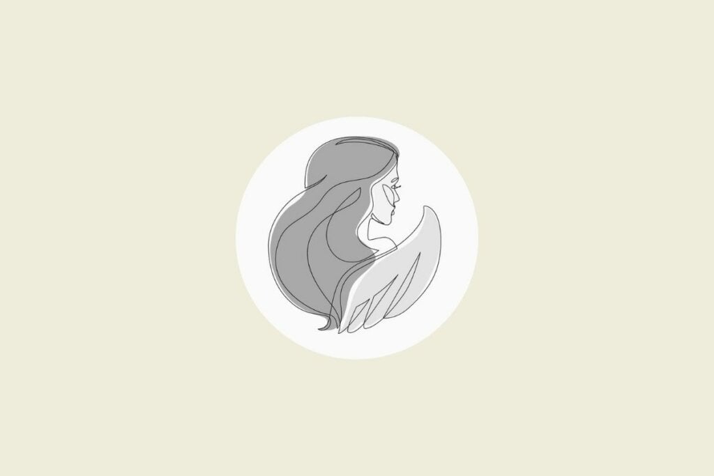 Ilustração do signo de virgem em preto e branco, dentro de um círculo, sobre um fundo bege-claro