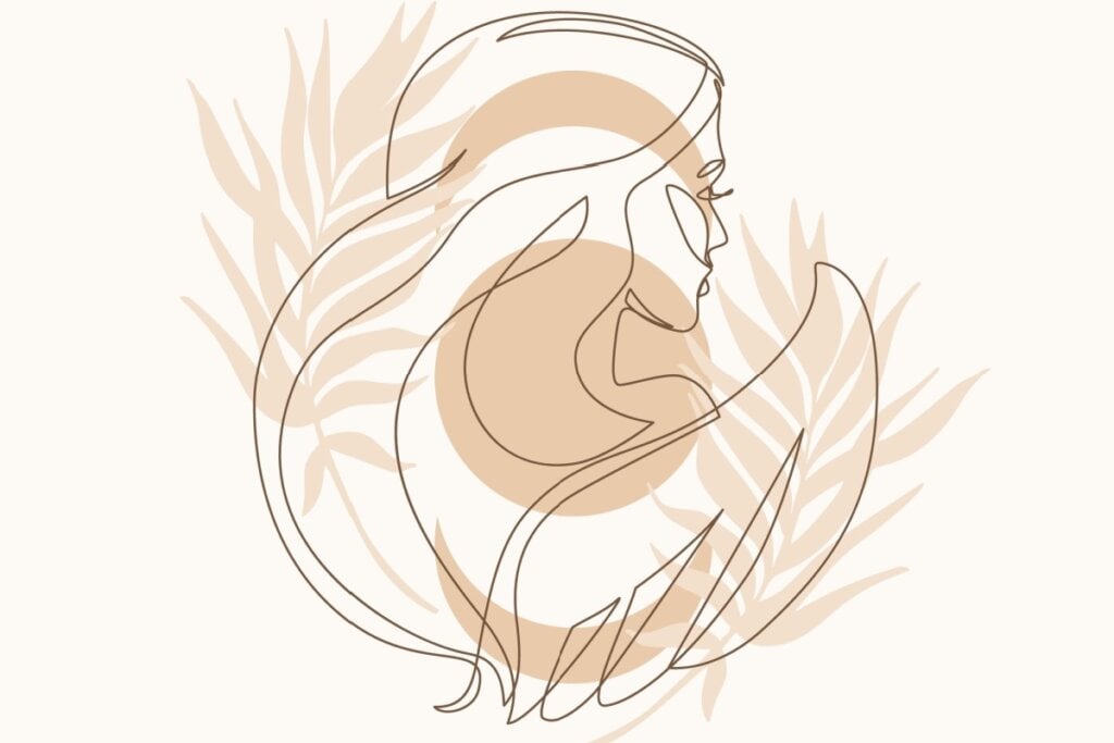 IlustraÃ§Ã£o com folhas do signo de Virgem em um fundo rosa