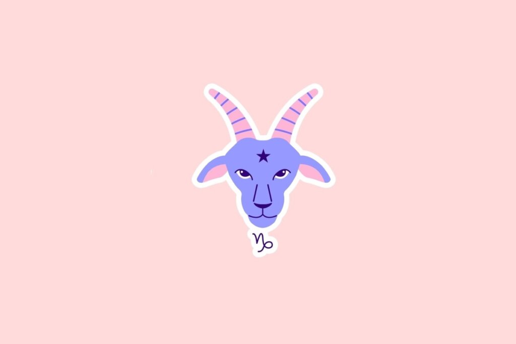 IlustraÃ§Ã£o de uma cabra lilÃ¡s com chifres rosa e o sÃ­mbolo de CapricÃ³rnio na testa, sobre fundo rosa-claro