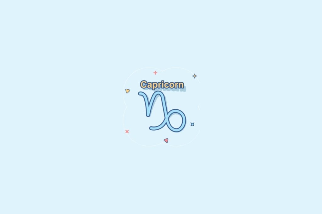 Ilustração do signo Capricórnio, contendo um símbolo com forma de “N” estilizado com uma curva fechada à direita, em fundo azul-claro
