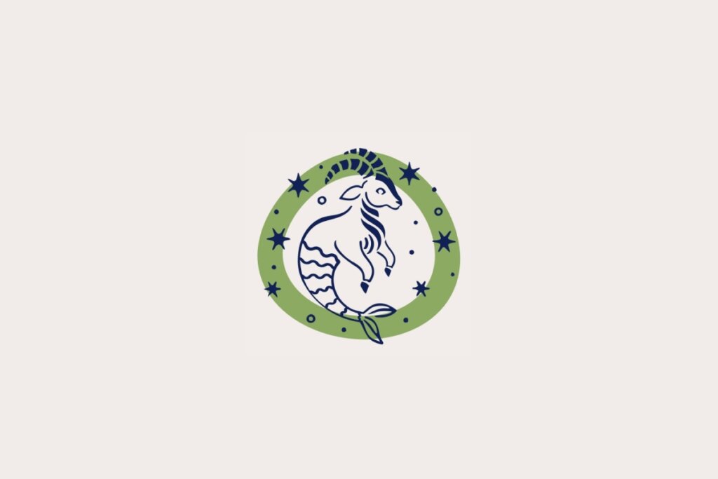 Ilustra&ccedil;&atilde;o do signo de Capric&oacute;rnio, em fundo bege-claro, contendo uma cabra com cauda de peixe dentro de uma moldura verde com estrelas em volta