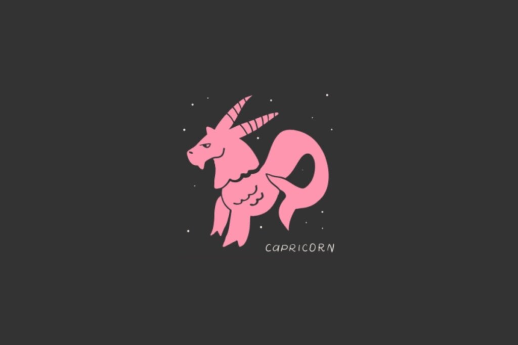 Ilustração do sÃmbolo de Capricórnio, retratado por uma criatura mÃtica rosa, com corpo de cabra e cauda ondulada, sobre um fundo escuro