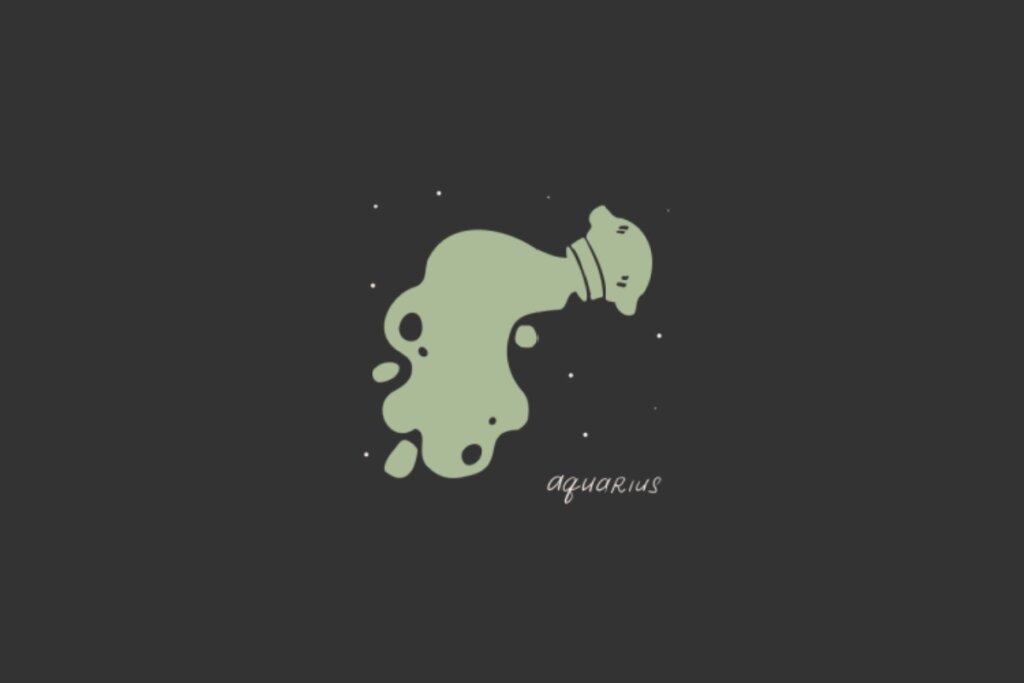 Ilustração do sÃmbolo de Aquário, representado por um vaso verde-claro derramando lÃquido, sobre um fundo escuro pontilhado com estrelas