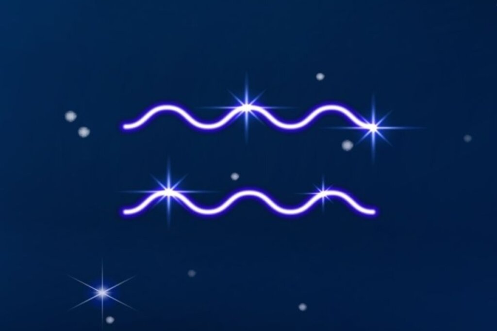 SÃ­mbolo do signo de AquÃ¡rio em roxo em fundo azul-escuro com pontos de luz simbolizando as estrelas