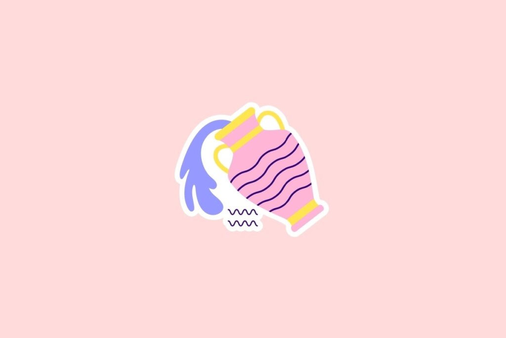 IlustraÃ§Ã£o do sÃ­mbolo de AquÃ¡rio com um jarro cor-de-rosa vertendo Ã¡gua azul, sobre fundo rosa-claro