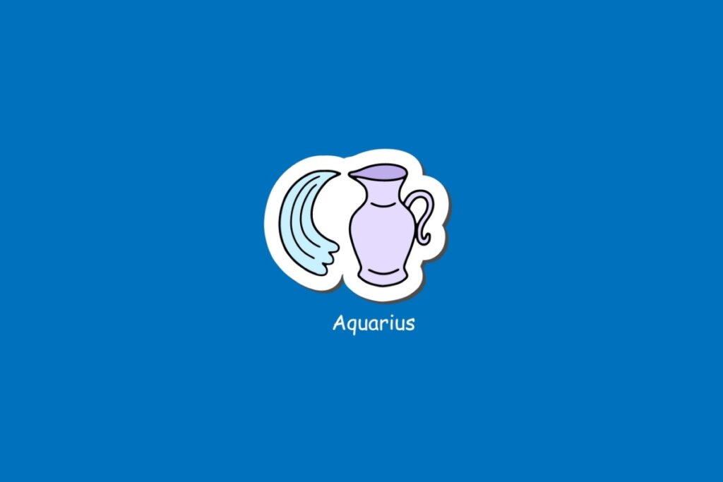 Ilustra&Atilde;&sect;&Atilde;&pound;o do signo de Aqu&Atilde;&iexcl;rio, em fundo azul, com jarro roxo vertendo &Atilde;&iexcl;gua em ondas azul-claras