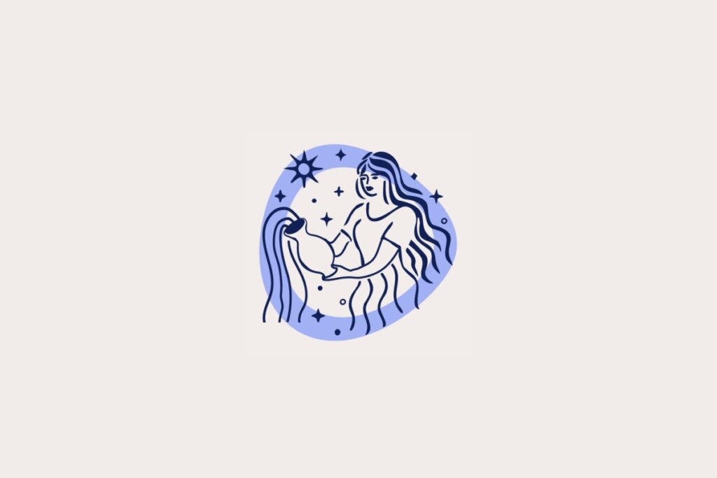 Ilustra&ccedil;&atilde;o do signo de Aqu&aacute;rio, em fundo bege-claro, contendo uma figura feminina com longos cabelos segurando um jarro de onde sai um fluxo de &aacute;gua, cercada por uma moldura lil&aacute;s com estrelas