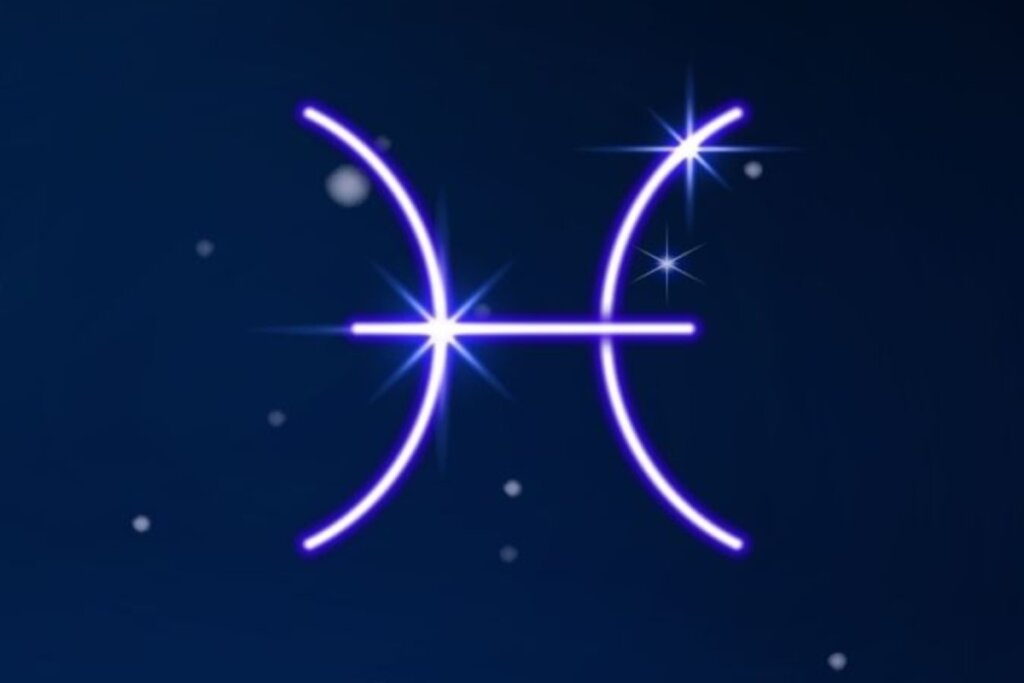 SÃ­mbolo do signo de Peixes em roxo em fundo azul-escuro com pontos de luz simbolizando as estrelas