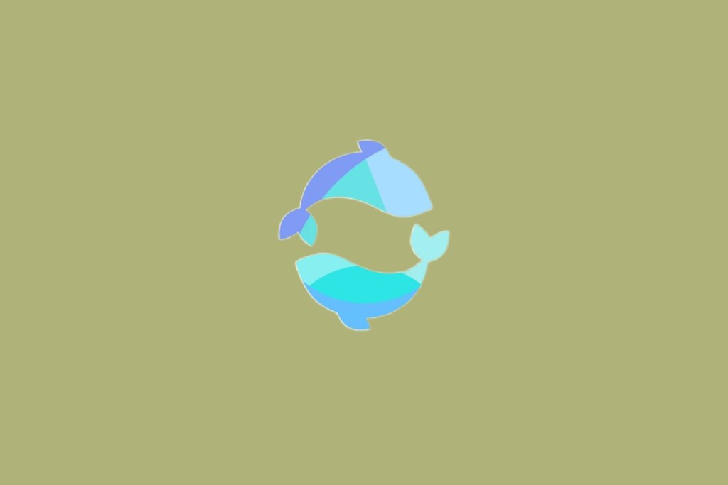 Ilustra&ccedil;&atilde;o de dois peixes azuis nadando em dire&ccedil;&otilde;es opostas formando um c&iacute;rculo, com nadadeiras estilizadas, sobre fundo verde