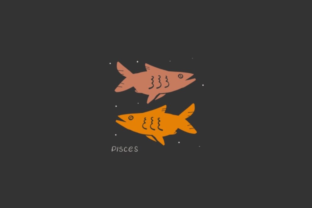 Ilustração do sÃmbolo de Peixes, retratado por dois peixes em tons alaranjados nadando em direções opostas, sobre um fundo escuro estrelado
