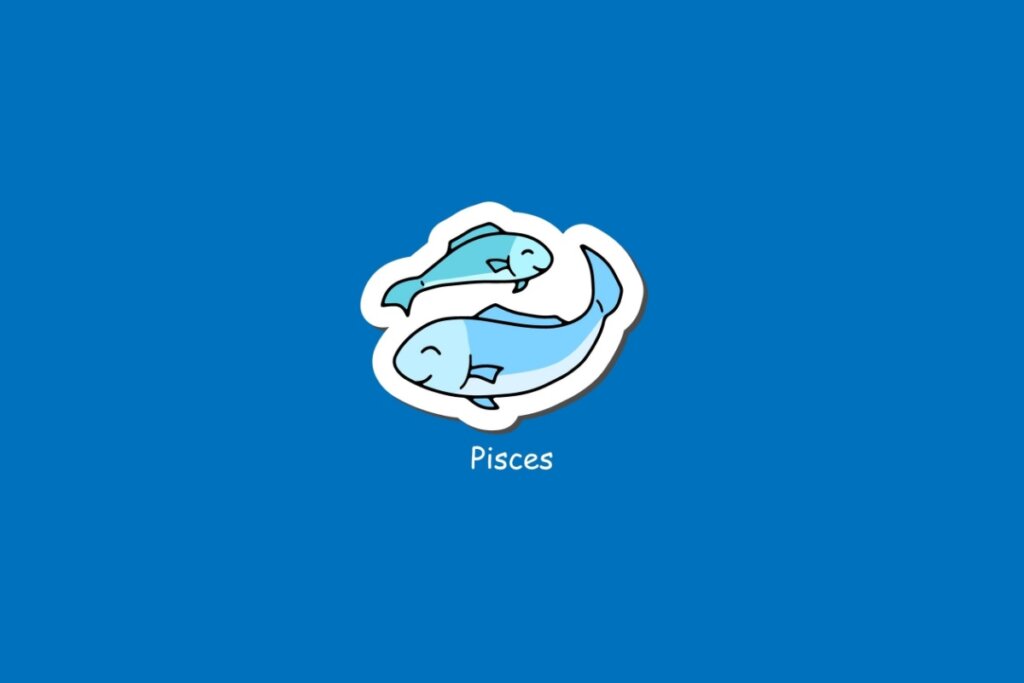 Ilustra&Atilde;&sect;&Atilde;&pound;o do signo de Peixes, em fundo azul, com dois peixes azuis nadando em sentido oposto em c&Atilde;&shy;rculo