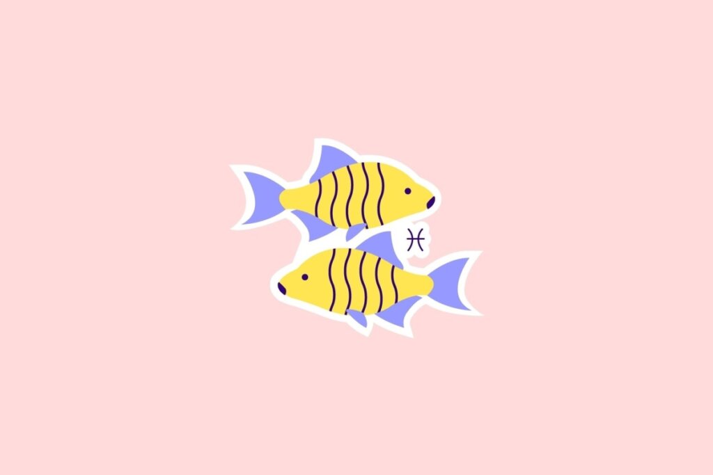 IlustraÃ§Ã£o do sÃ­mbolo de Peixes com dois peixes amarelos e detalhes em lilÃ¡s, sobre fundo rosa-claro