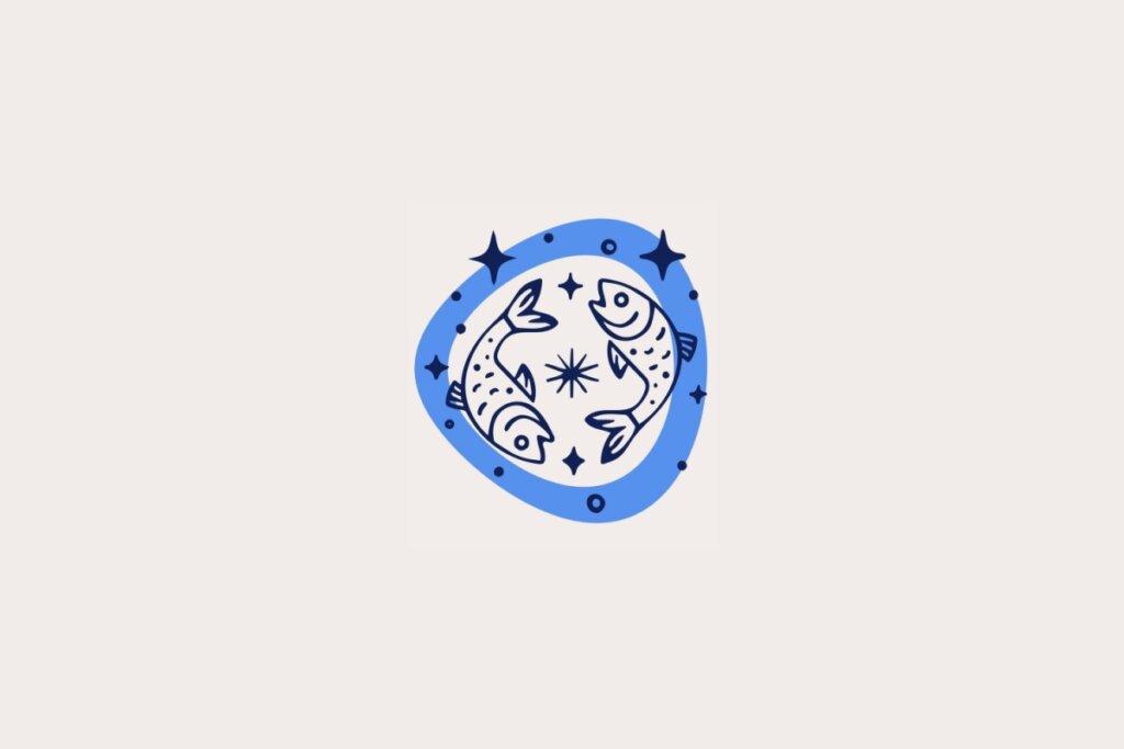 Ilustra&ccedil;&atilde;o do signo de Peixes, em fundo bege-claro, contendo dois peixes curvados em sentidos opostos dentro de uma moldura azul com estrelas ao redor