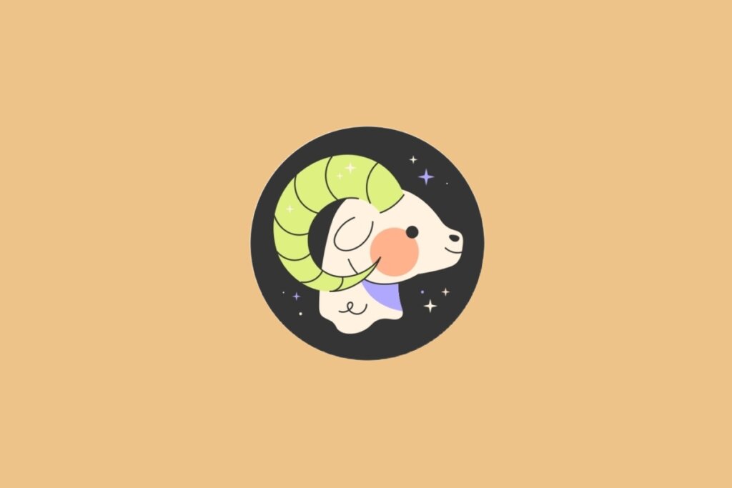 Ilustração do signo de Ãries, em fundo alaranjado, com um carneiro claro de chifres verdes arqueados e expressão sorridente, sobre fundo estrelado