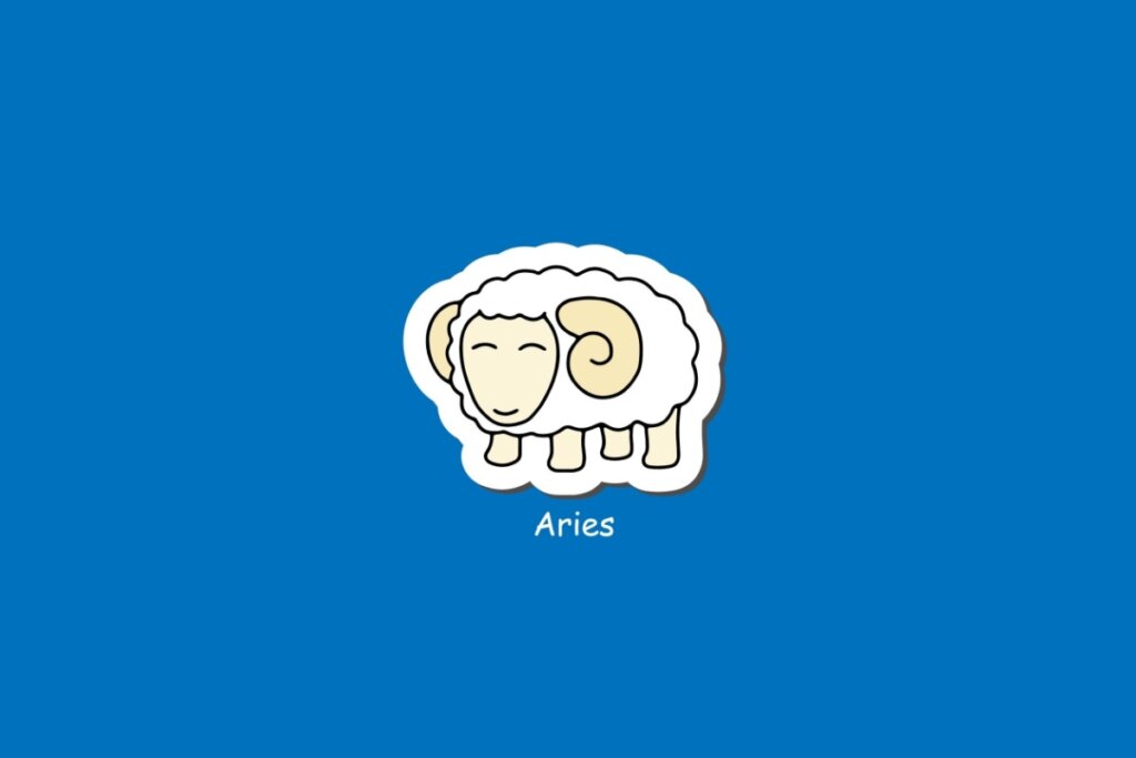 Ilustra&Atilde;&sect;&Atilde;&pound;o do signo de &Atilde;ries, em fundo azul, com carneiro branco de chifres dourados e express&Atilde;&pound;o serena