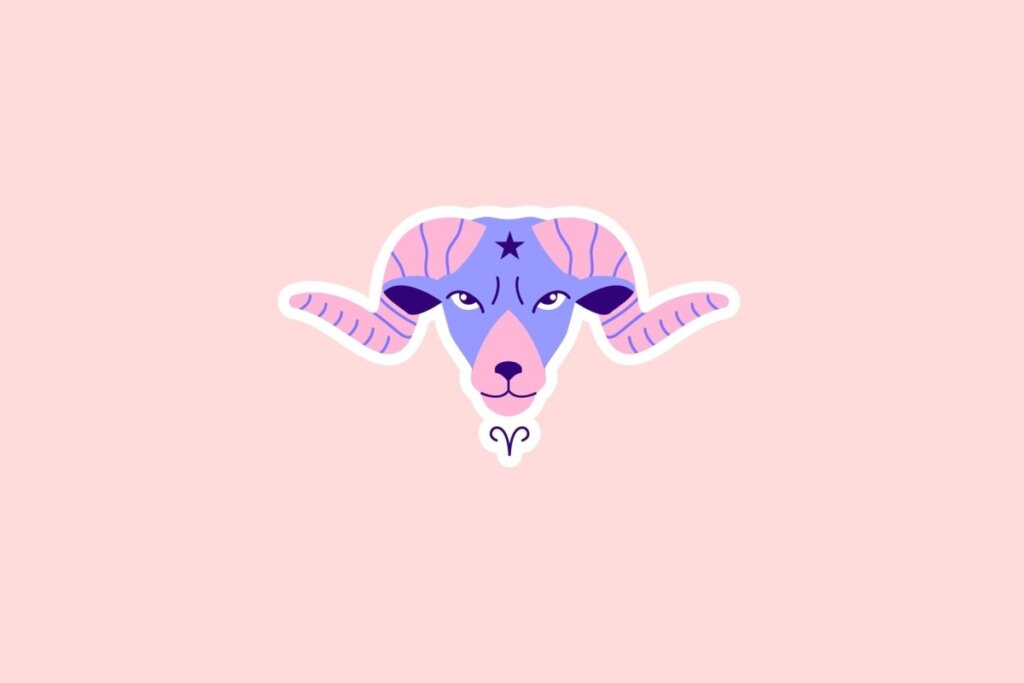 IlustraÃ§Ã£o de um carneiro em tons de lilÃ¡s e rosa com o sÃ­mbolo de Ãries abaixo, sobre fundo rosa-claro