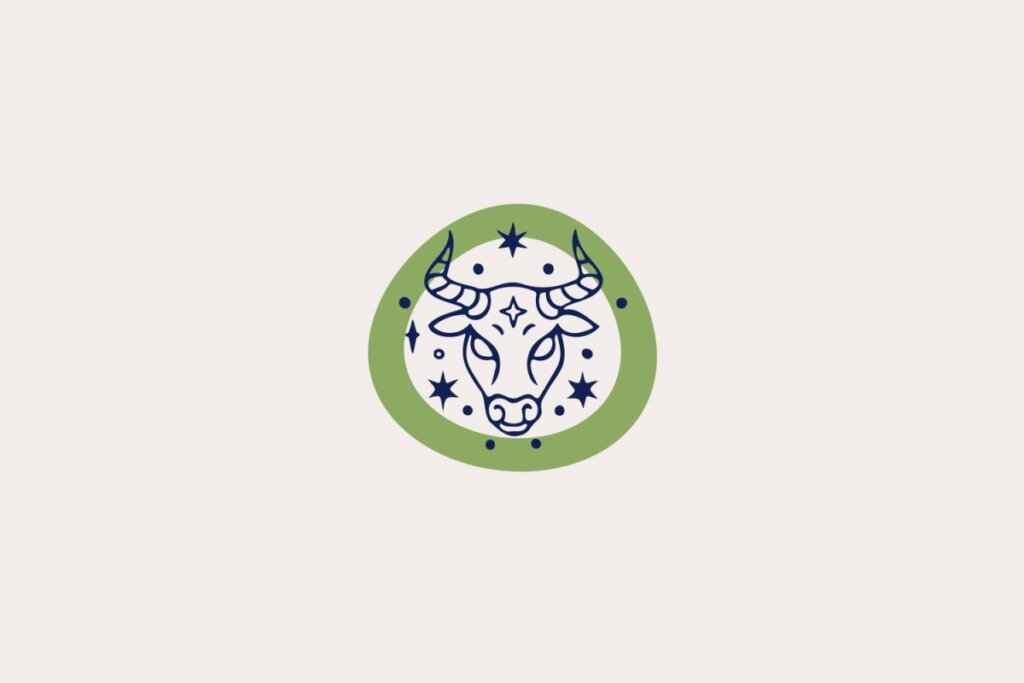 Ilustra&ccedil;&atilde;o do signo de Touro, em fundo bege-claro, contendo uma cabe&ccedil;a de touro com express&atilde;o firme e chifres alongados dentro de uma moldura verde com estrelas