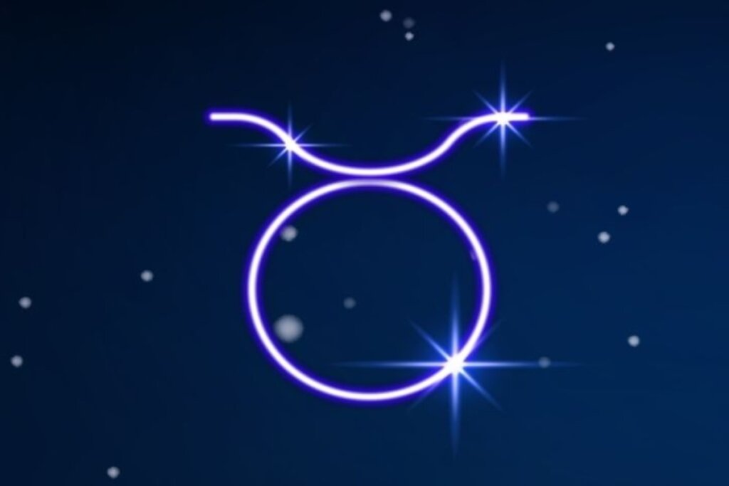 SÃ­mbolo do signo de Touro em roxo em fundo azul-escuro com pontos de luz simbolizando as estrelas