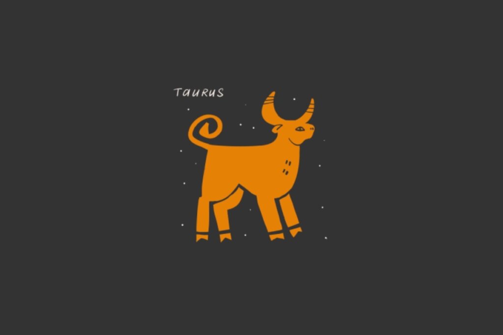 Ilustração do sÃmbolo de Touro, retratado como um touro alaranjado com chifres curvados e uma cauda enrolada, sobre um fundo escuro