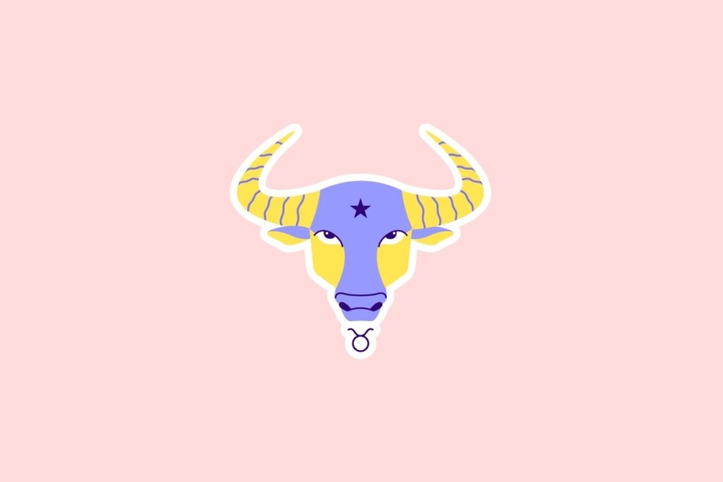 IlustraÃ§Ã£o do rosto de um touro em amarelo e roxo com chifres listrados e o sÃ­mbolo de Touro abaixo, sobre fundo rosa-claro